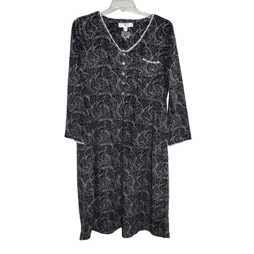 NWT Eileen West Fleece Nightgown Black White Lace Trim Large